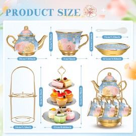 Suttmin 21pcs Porcelain Teapot Set with Metal Holder and Cupcake Stand Ceramic Tea Pot Cups Saucers Cupcake Tier Tower European Tea Set for Women Girls Tea Parties Weddings Gifts(Blue)