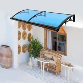 Awning for Door Window Exterior with Aluminum Bracket Front Door Overhang Awning with Black Bracket for Sun Shutter Rain Snow Protection Window Awnings Canopies (Black Bracket + Lake Blue Canopy)
