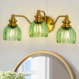 Piepooye Vintage Bathroom Light Fixtures Gold Vanity Light with Green Glass LampShade 3 Lights E26 Bulb Wall Sconce Indoor Vanity Light Over Mirror for Bedroom Kitchen Farmhouse Living Room