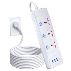 FANLIDE Power Strip with 45 Degree Plug and 10ft Long Cord, 3 Universal Socket, 2500W Circuit Breaker, 4 USB Ports Desktop Charging Station(3 USB-A & 1 USB-C)