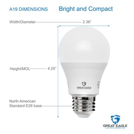 Great Eagle Lighting Corporation A19 75W Equivalent LED Light Bulb, UL Listed, 4000K Cool White, Non-dimmable, Standard Replacement (6-Pack)