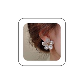 Cimenexe Bohemian Pearl Flower Stud Earrings Gold Pearl Flower Earrings Large Pearl Flower Leaf Earrings White Pearl Flower Petal Earrings Jewellery For Women, Zinc, No Gemstone