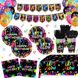 188 Pcs Neon Party Supplies, Glow in the Dark Party Supplies, Birthday Neon Party Decorations, Disposable lates, Napkins, Tablecloth, Banner, Latex Balloons for Neon Themed Birthday Party