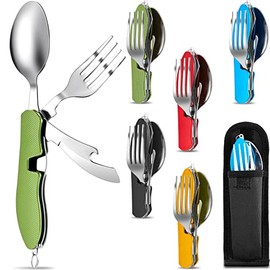 5 Pcs Folding Camping Utensils Cutlery Set 4-in-1 Stainless Steel Spoon Fork Knife Bottle Opener Set Detachable Tableware Pocket Kits Backpacking Cutlery Multitool (Red, Green, Black, Blue, Gold)