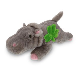 DolliBu Wild Collection Hippo Stuffed Animal with Green Plush Shamrock, Cute Green Shamrock Plush, St Patricks Day Stuffed Animal Hippopotamus, Good Luck St Patricks Day Toys for Kids, Baby - 11 Inch