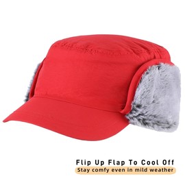 Magracy Outdoor Men's Winter Baseball Cap with Visor Warm Earflap Hat Faux Fur Trapper Hunting Hat Ski Snow Red