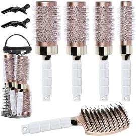 Round Hair Brush Set for Blow-Drying, Round Hair Brush for Wavy and Smooth Hair Styling, Antistatic Ceramic Ion Round Hair Brush Set with 1 Massage Wild Boar Bristles Detangling Brush
