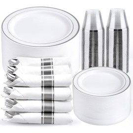 WELLIFE 350Pcs Silver Plastic Plates for 50 Guests - Disposable Dinnerware Set, Party Supplies Includes 100 Silver plates,150 Silverware,50 Napkins,50 Cups,Plastic Plates Disposable