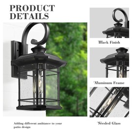 Emliviar Outdoor Wall Lantern Fixture with E26 Base, Large 21.9 Inch Exterior Wall Light with Seeded Glass, Black Finish, 2084B-L BK