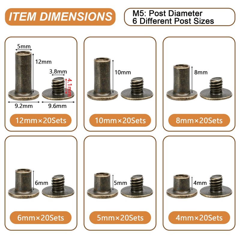120Sets Chicago Screws, 6 Sizes Leather Rivets Assorted Kit, Chicago