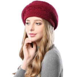 Superora Women's Beret Hat Beanie Cap Fleece Crochet Light Weight Vintage Pretty Classic (one Size, Burgandy)