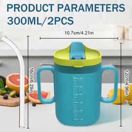 BIZOI 2PCS Elderly Spill Proof Cups, 300ml Unspillable Cup with 2 Handles, Feeding Cup Drinking Cup with Lid and Straw, Adult Sippy Cups with Accurate Scale for Patients Disabled Elderly (Blue)