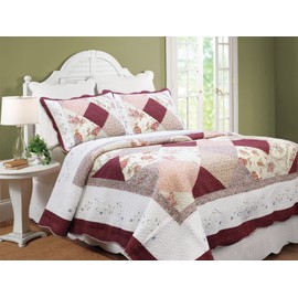 Cozy Line Home Fashions 3-Piece Queen Size Cotton Quilt Bedding Set, Floral Country Garden Scalloped Embroidered Patchwork Cotton Burgundy Georgia Red