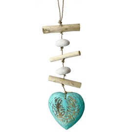 Heart Driftwood Hanging Coastal Decor - Beach Wood Stone Garland Indoor Outdoor Patio Garden Gift 15" Teal