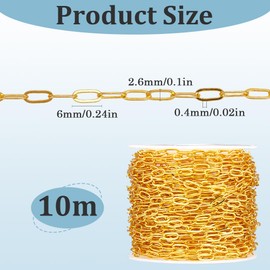 SOFPLATE 10M/32.8 Feet Gold Paperclip Chain Bulk Brass Oval Chain with Spool 6mm Soldered Drawn Elongated Cable Paper Clip Roll Chains Links Connectors for Jewelry Making Necklaces Bracelets DIY Craft