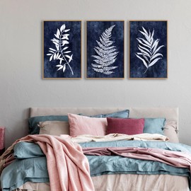Large Framed Wall Art - Natural Float Framed Rustic White Leaf Canvas Pictures Wall Art Prints for Living Room Decor Indigo Plant Artwork Decorations for Bedroom Kitchen Home Office 48" X 24" Set of 3