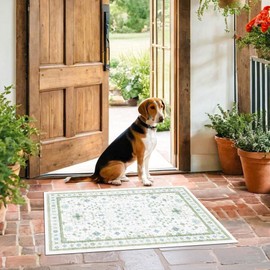 Cream Green Oushak 2x3 Entryway Rug - Modern Vintage Boho Eclectic Floral Pastel, Washable Low Pile Non-Slip Small Throw Area Rugs for Door Mat Indoor Entrance, Kitchen, Bathroom, Bedroom, Laundry