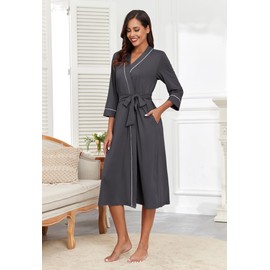 VINTATRE Robes for Women Bath Robes Long Female Kimono Robes Womens Robes Calf Length Bathrobe Casual Lightweight Womens Robe V-neck Dark Gray-M