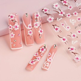 2PCS/Set Cherry Blossom Nail Art Stickers - 5D Embossed Floral Decals, Self-Adhesive Plastic Nail Designs, Spring and Summer Flowers Nail Stickers, Plant Theme Nails Decoration for DIY and Salon Use