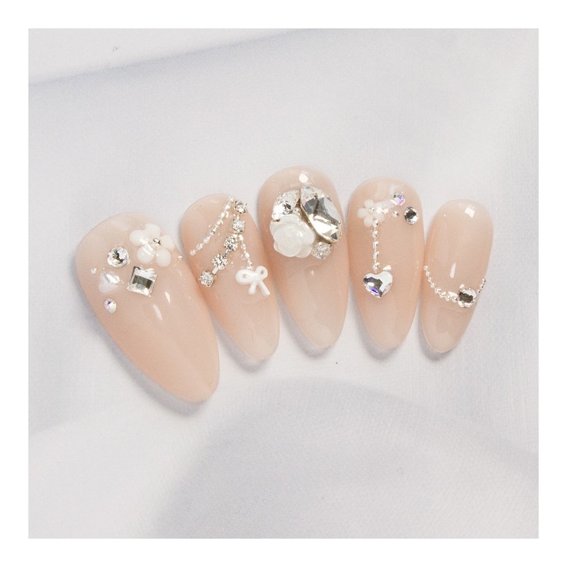 Crystal Flower Handmade Nail Tips - Short Almond / 크리스탈
