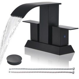 BRAVEBAR Black Waterfall Bathroom Faucet - 4Inch 2 or 3 Holes Centerset Faucet Bathroom | Two Handles Widespread Lavatory Vanity Sink Faucets with Overflow Pop-up Drain & Supply Lines Matte Black