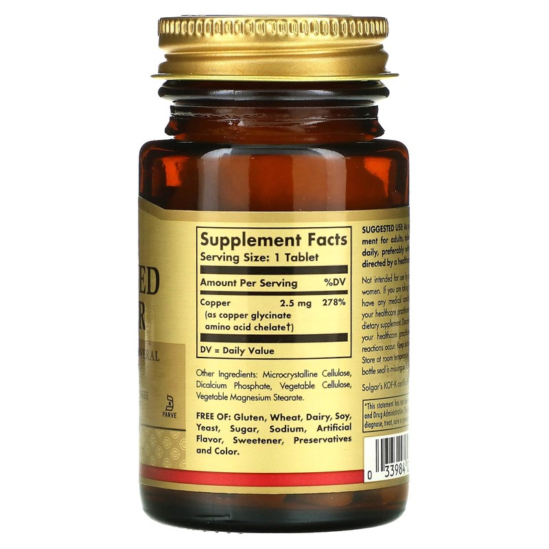 Solgar Chelated Copper, 100 Tablets - Essential for Collagen Formation
