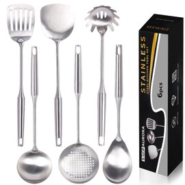 SUPAURORA Stainless Steel Kitchen Utensil Set, 6-Piece Cooking Tools with Slotted Spoon, Soup Ladle, Pasta Server, Serving Spoons, Spatula, Slotted Turner, Non-Toxic Easy to Clean, Large Size, Silver