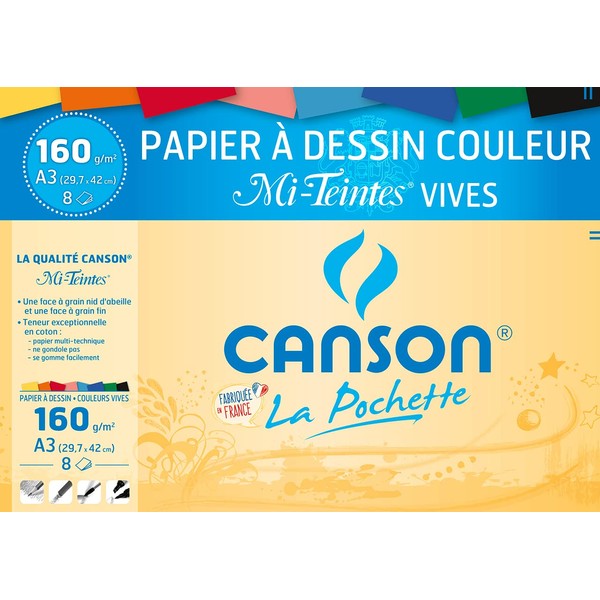 CANSON Mi-Teintes – Pack of 8 A3 Drawing Paper 160 g/m² Bright Colours