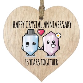 15th Wedding Anniversary Plaque Gift for Husband Wife - 15 Years Together - Happy Crystal Anniversary Wooden Heart for Women Men Partner, Light Wood Sign Keepsake Gifts