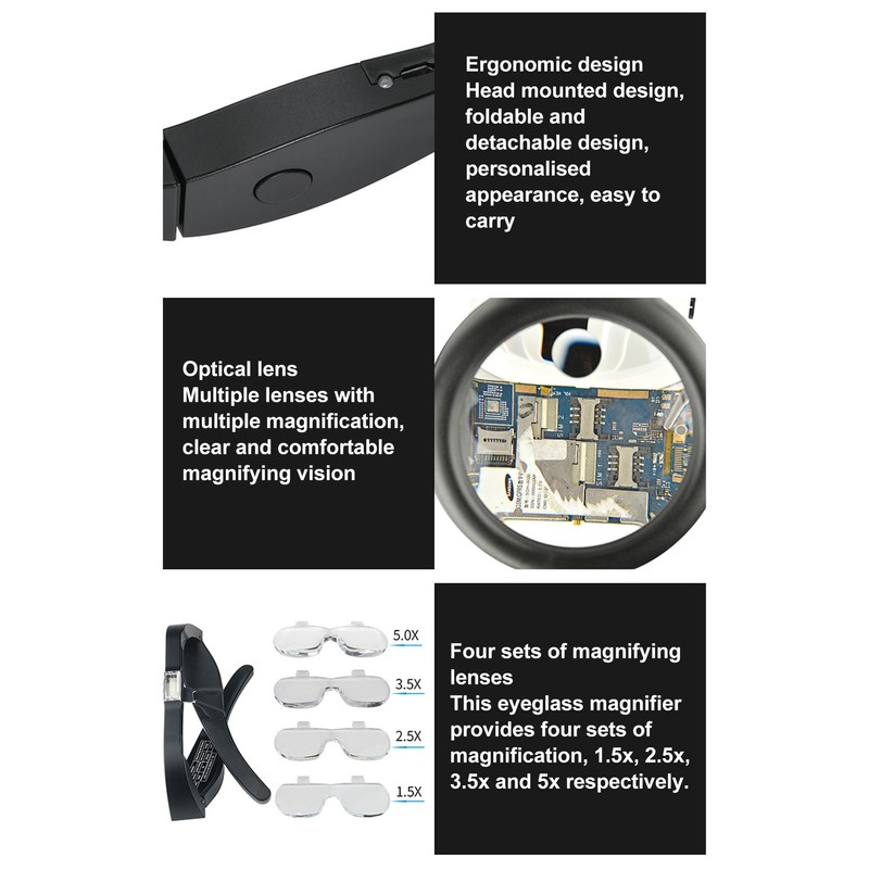 Headband Magnifying Glass Adjustable LED White Light 4 Interchangeable Lenses
