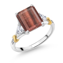 Gem Stone King 925 Silver and 10K Yellow Gold Red Tiger Eye and White Moissanite and Diamond Engagement Ring For Women (3.34 Cttw, Emerald Cut 10X8MM, Trillion 3.5MM) (Size 6)