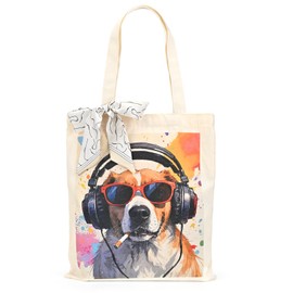 riwoauoo Aesthetic Canvas Tote Bag for Women for Work -with Magnetic Buckle and Zipper Inner Pocket for Lady Cotton Tote Bag(Dog with glasses)