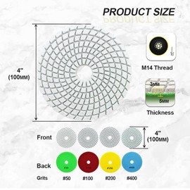 SANLEETEK Wet Diamond Polishing Discs - Diamond Polishing Pad 6 Pieces 100 mm Grit 50 x 2/100 x 2/200/400 with M14 Support Plate + Adapter for Granite Marble Artificial Stone Quartz for Angle Grinder