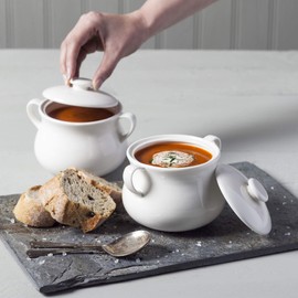 WM Bartleet & Sons 1750 TSET118 Traditional Porcelain Set of 2 Lidded Individual French Onion Soup and Stew Bowl with Handles 500ml – White