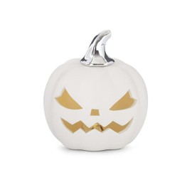 K&K Interiors White Ceramic LED Jack O Lantern Figurine, 3.75-inch Height, Porcelain, Table Decoration