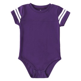 ROMPERINBOX Baby Football Jersey Onsies Raglan Bodysuit Customized Newborn Unisex Solid Sport Teams Romper with Contrasting Sleeve Stripes(Purple,9-12 Months)