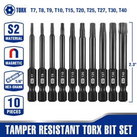 WORKPRO 10pcs Security Torx Bit Set, CNC Machined S2 Steel Star Bit Set, 2.3" Long Tamper Proof Torx Screwdriver bit with Magnetic Tips, Tamper Resistant Fastener Drive Bits with Storage Box