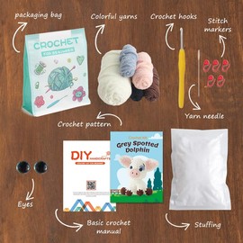 Hylvix Crochet kit for Beginners Adults, Grey Spotted Dolphin Crochet Animals kit, Learn to Crochet Knitting kit, with Step by Step Guide Video, Prefect for Gifts, with tutorials Yarns Hook