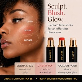 Cream Contour Stick Set – Blush, Bronzer & Highlighter Trio | Hydrating, Buildable, High-Pigment Makeup with Shea Butter & Vitamin E | Phoenix Beauty 
