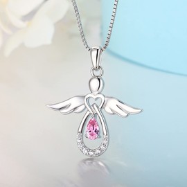 FJ Women’s Chain Guardian Angel Pendant Necklace in 925 Sterling Silver, Angel Chain with Cubic Zirconia Birthstone, Jewellery Gifts for Women and Girls