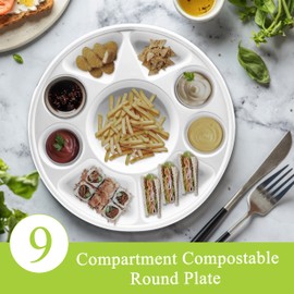 three leaf 9 Compartment Bagasse Round Plate, 25 Ct. Heavy-Duty- Super Strong- Natural- Eco-Friendly Disposable Bagasse Plates, 100% Biodegradable