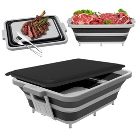 ANJUKE Collapsible BBQ Prep Tub with Lid(2Gal/8L),Foldable Camping Sink with Colander,4-in-1 Meal Prep Marinating Food Storage, Cutting Board, Serving tray and Drink Chiller for Picnic