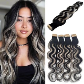 Tape in Hair Extensions Human Hair 24 Inch Body Wave Natural Black Hair Balayage Silver Grey Highlights Hair Extensions Real Human Hair Tape ins for Black Women 20 PCS Double Sided Tape Hair 50G