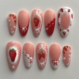 24Pcs Strawberry Press on Nails Medium Almond Cute Fake Nails White French Tip False Nails with Red Bow Pearl Design Pink Full Cover Artificial Glue on Nail Spring Stick on Nails for Women DIY Acrylic
