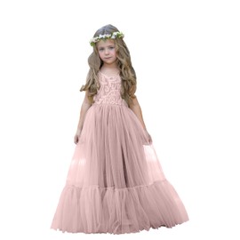 LalaMira Flower Girl Dress Lace/Tulle Boho Toddler Dresses Ruffle Girl Dress for Wedding Garden Party First Communion Holiday Beach Dusty Rose-8 Years