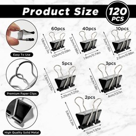 120Pcs Binder Clips,Bulldog Clips,Black Metal Foldback Clips for Office, Home, School and Conference Rooms (50/40/32/25/19/15mm)