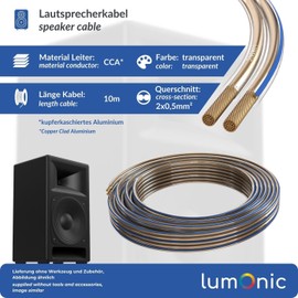Lumonic Speaker Cable | 10 m Transparent | 2 x 0.5 mm² CCA | Blue Marking HiFi Speaker Cable | Audio Twin Cable