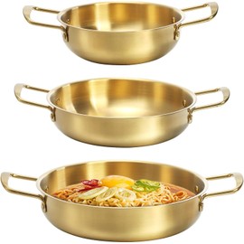 Okllen Korean Ramen Pot Set of 3 Stainless Steel Noodle Cooking Pots with Handles Gold 7in 8.7in 9.5in