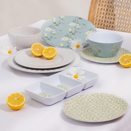 YöL Set of 4 Daisy Print Melamine Dinner Plates Summer Dining Outdoor Picnic BBQ Blue Floral Trendy Tableware Reusable