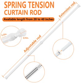 KXLife 2Pcs Spring Tension Curtain Rod, 28 to 40 Inch Adjustable Small Tension Rods No Drill, White Spring Loaded Curtain Tension Rod for Window